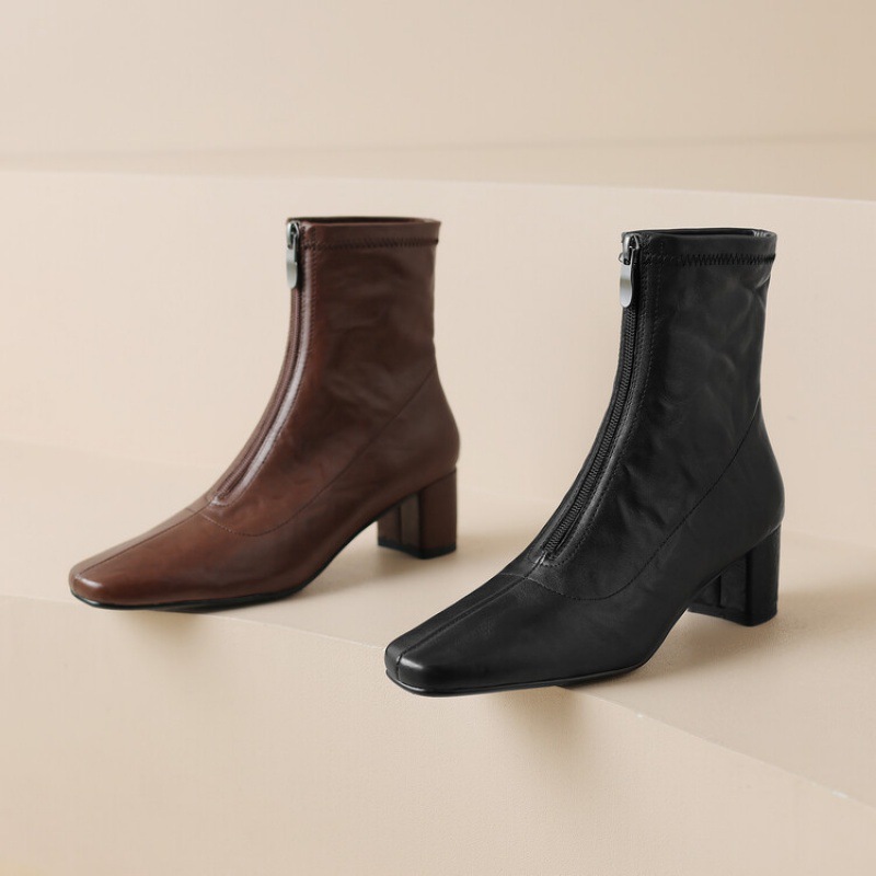 真皮女靴秋冬季新款百搭裸靴跨境外贸中跟黑色皮靴粗