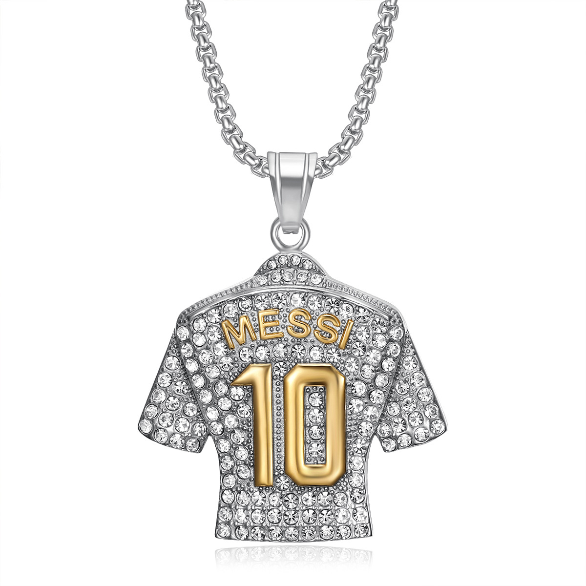 New Hip Hop Hiphop Ornament Titanium Steel Gold-Plated Diamond Football Messi Massey No. 10 Jersey Pendant Necklace