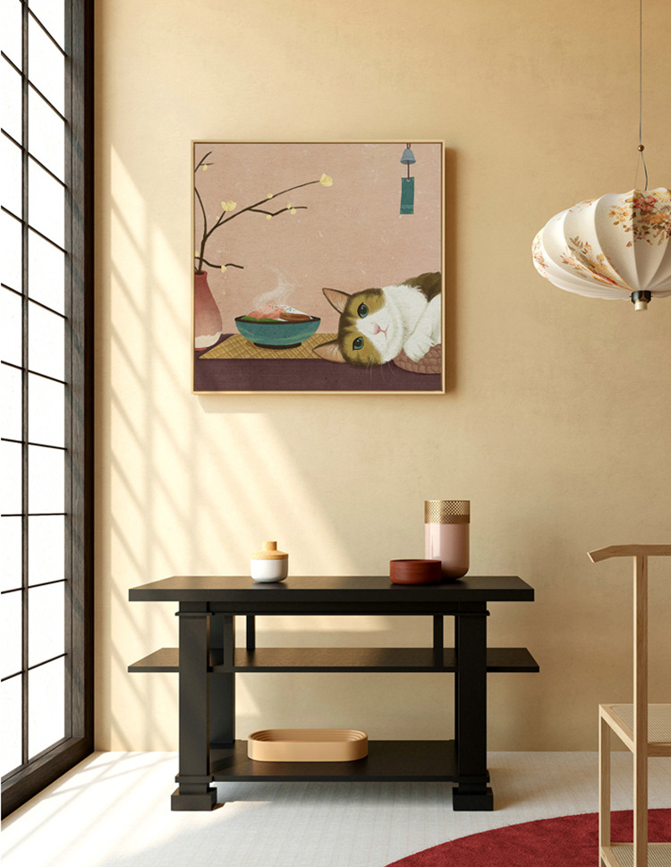 美食暖居 日式风格客厅装饰画可爱猫咪餐厅背景墙挂画正方形壁画