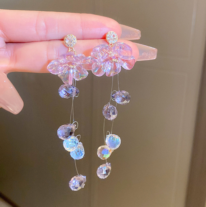 Silver Needle Crystal Mesh Butterfly Flower Pearl Tassel Earrings High-Profile Earrings Super Fairy Sweet Style Earrings Wholesale for Women