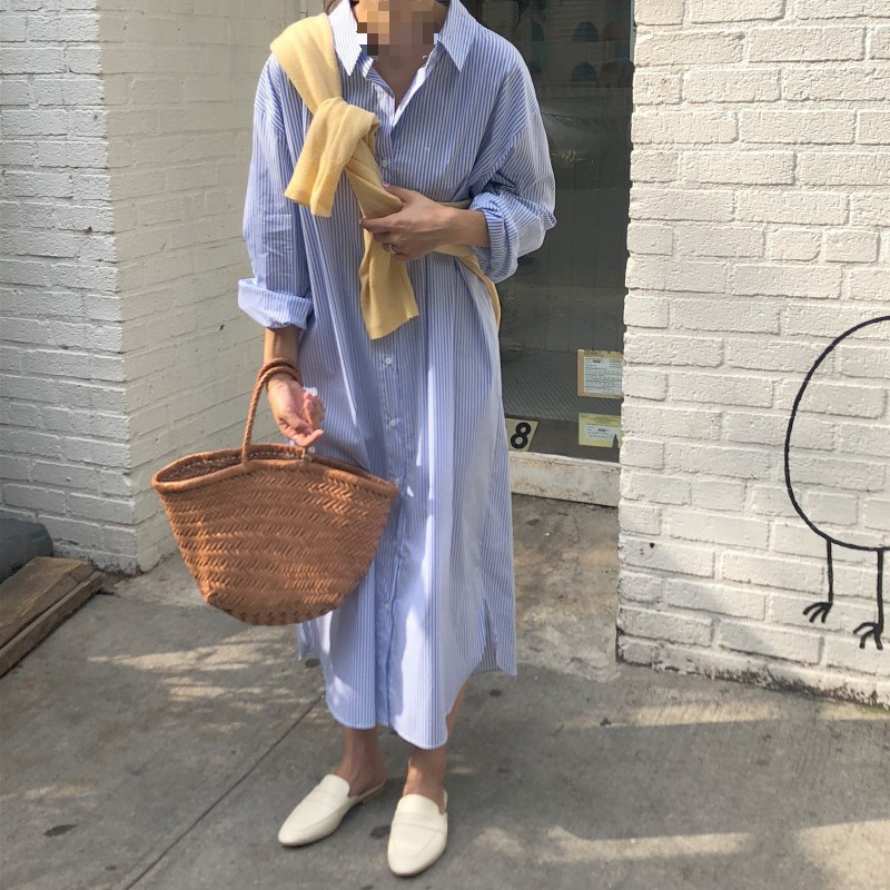韩版小清新单排扣百搭长款条纹衬衫式连衣裙