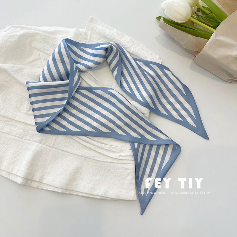 Petite Korean Style Sister Daily Misty Blue Small Silk Scarf Female Ins Pop Long Ribbon Arm Bag Hair Band Silk Scarf Spring and Summer