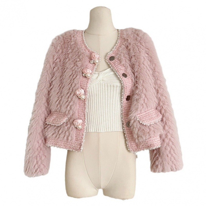 Nuomhome Autumn and Winter Pink Chanel Coat Stitching Furry Thickened Warm Furry Environmental Protection Leather Short Top