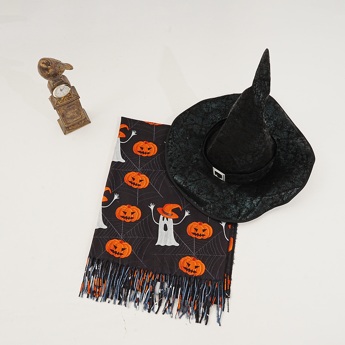 New Cashmere-like Black Halloween Ghost Pumpkin Digital Printing Scarf Magic Awakening Wizard's Hat Set