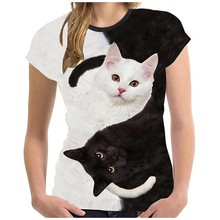 黑白猫 数码3D印花T恤 黑白猫男女情侣圆领短袖上衣