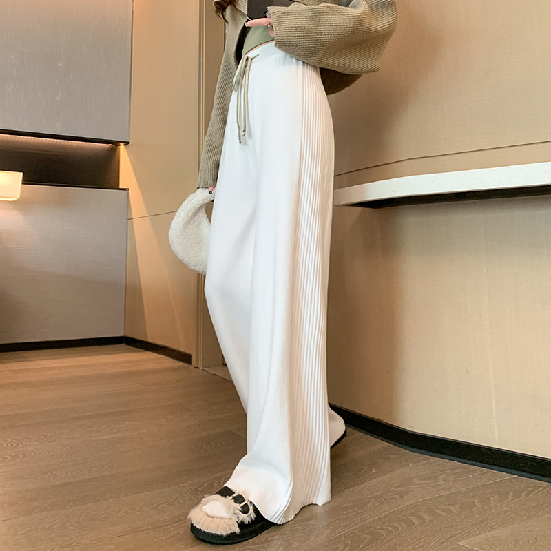 Design Sense Side Pleated Sunken Stripe Knitted Wide-Leg Pants Women's Autumn and Winter Thickening Loose Drooping Slimming Mopping Casual Pants