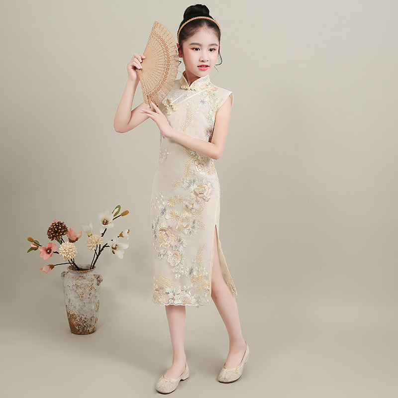 小女孩旗袍夏季女童公主裙中国风童装大童蕾丝连衣裙儿童走秀礼服