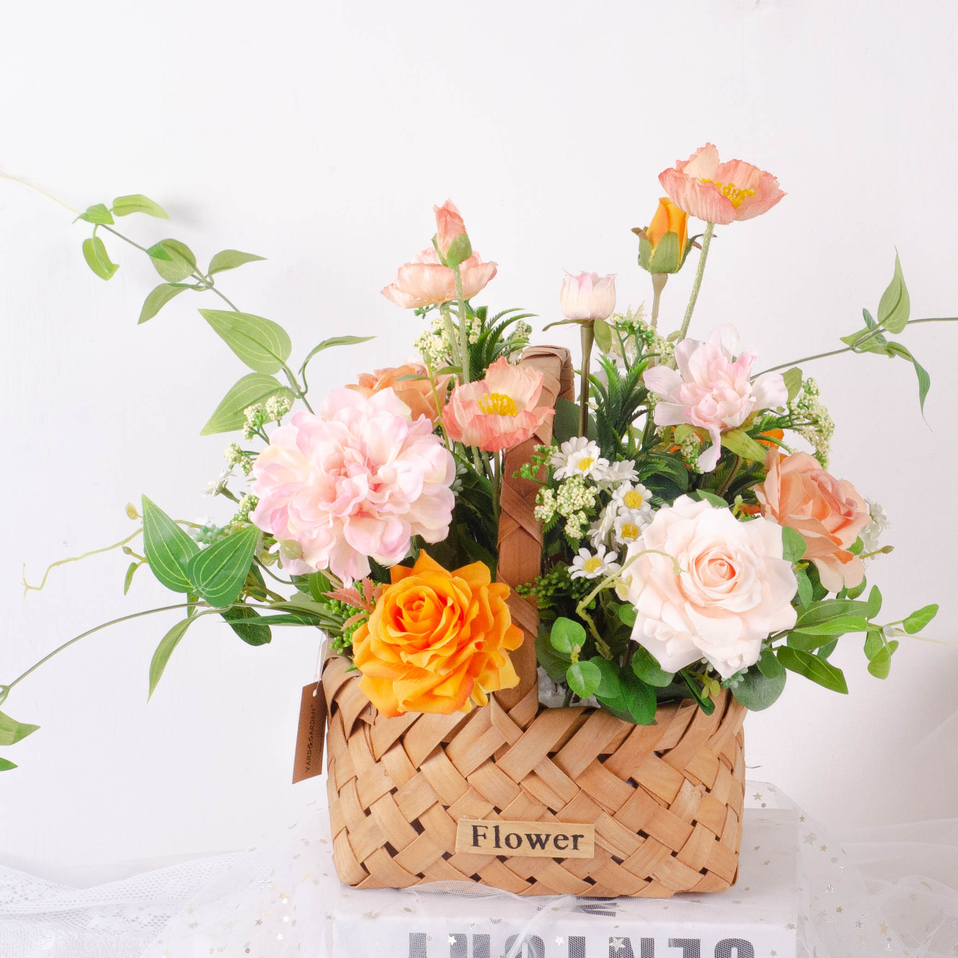 春天唯美小清新款手提花篮春色牡丹玫瑰 家居客厅后花园门前装饰