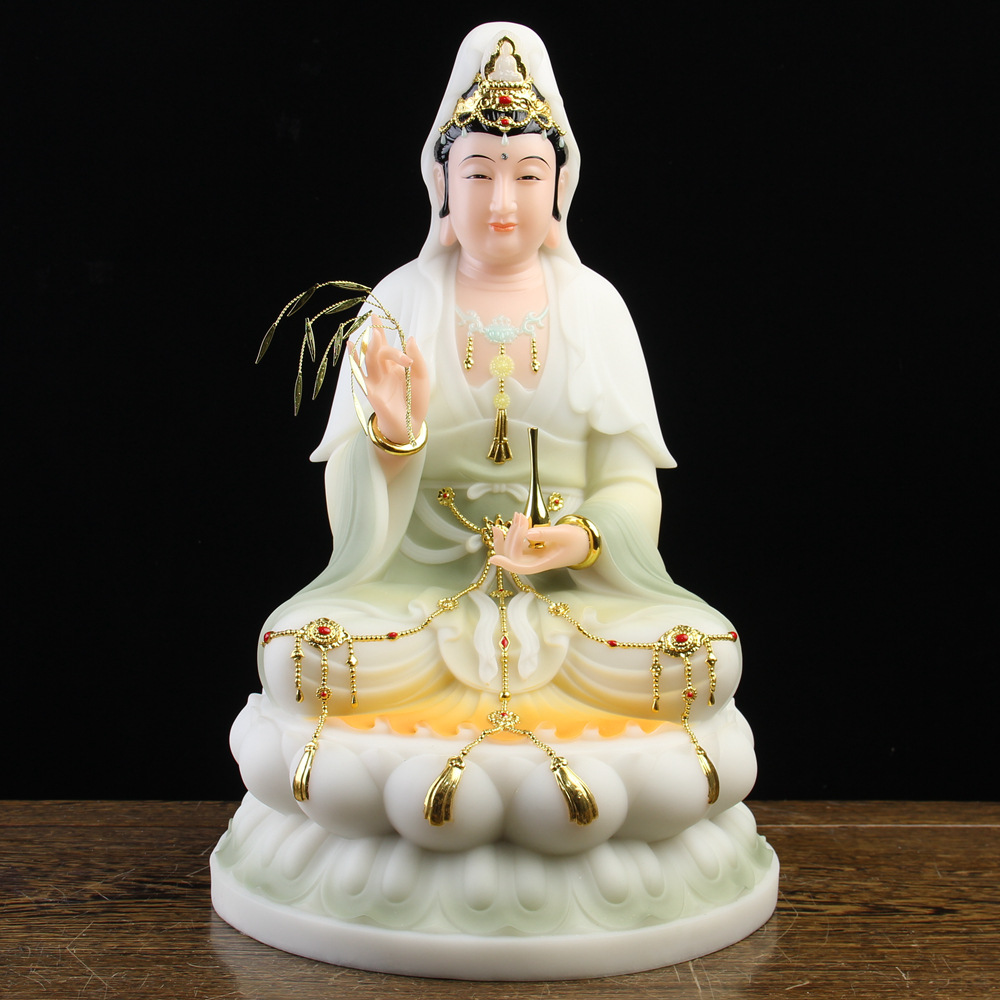 汉白玉石笑脸观音佛像居家供奉家用南海观世音菩萨神像树脂摆件