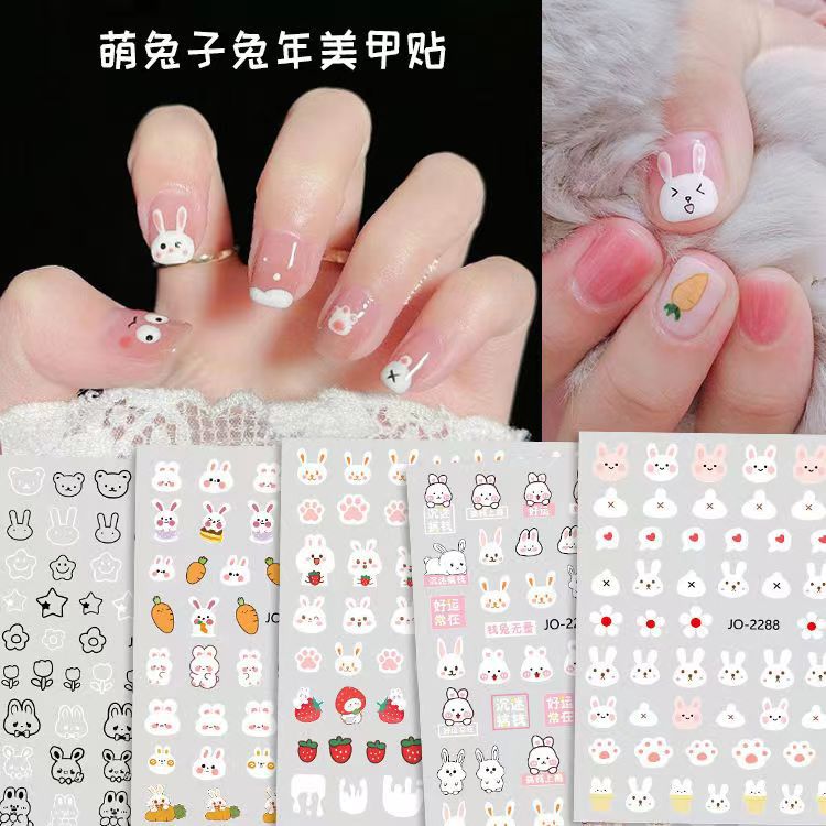 2023 New Year Nail Stickers Ins Style Cute Bunny Rococo Adhesive Waterproof Nails Decals