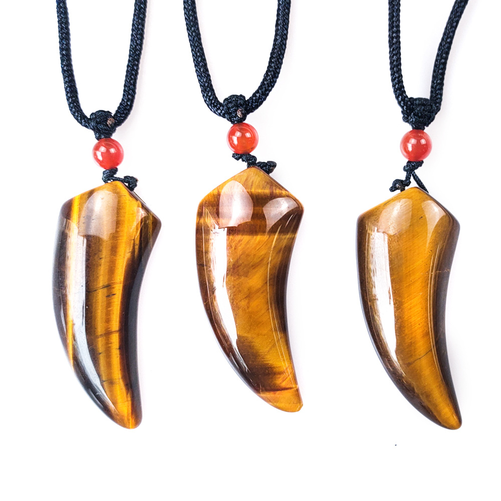 Natural Stone Horn Shape Lang Tooth Pendant Hanging Ornament Yellow Tiger Eyes Jade Blade Necklace Neck Accessories Accessories