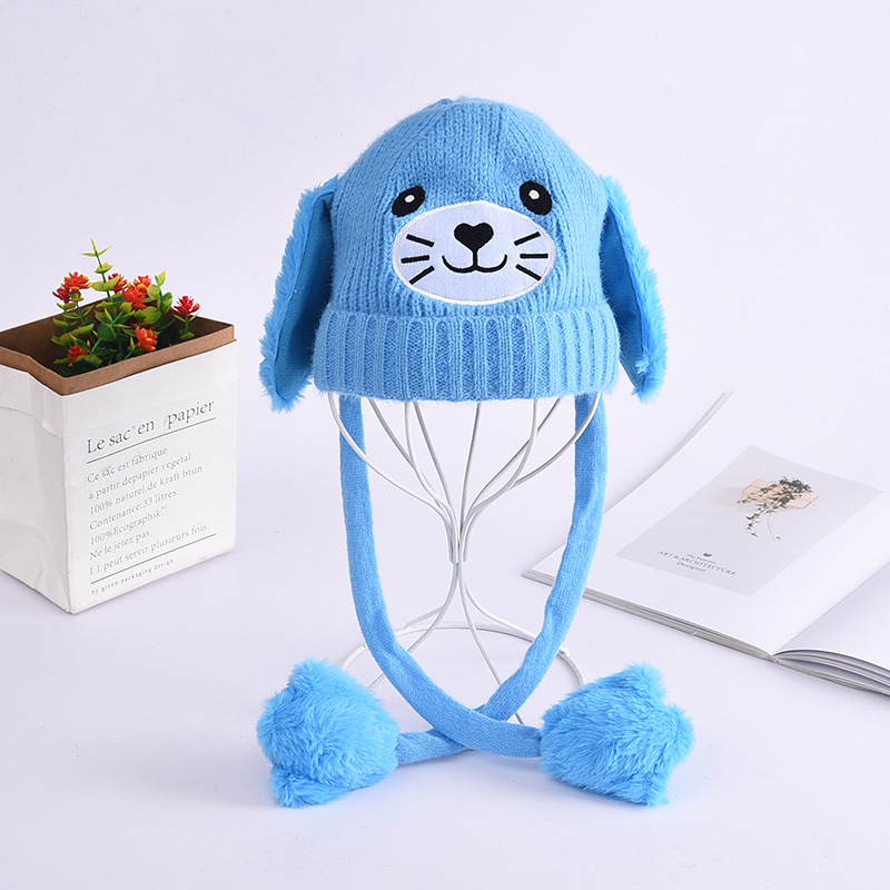 New Autumn and Winter Cute Cartoon Children's Warm Movable Ears Hat Knitted Wool Fluffy Ball Cap Wholesale