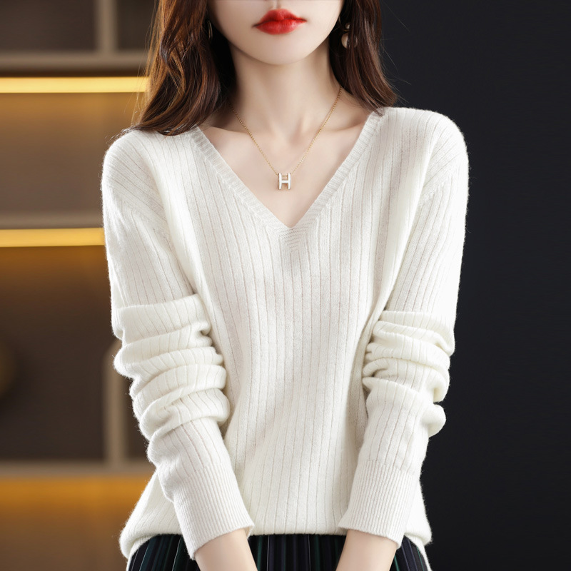 2023 Spring Women's Clothes New Knitwear Pullover V-neck Bedford Cord Sweater Solid Color Long Sleeve Thin Slim Bottoming Shirt