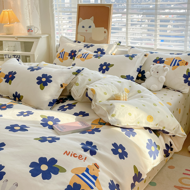 Class A Pure Cotton Authentic Fresh Four-Piece Set Skin-Friendly Bedding Comprehensive Sanded Sheets Quilt Cover Dormitory Three Or Four-Piece Set