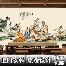 酒中八仙饮酒壁画唐代诗人杜浦酒文化诗词壁纸火锅店餐饮背景墙纸