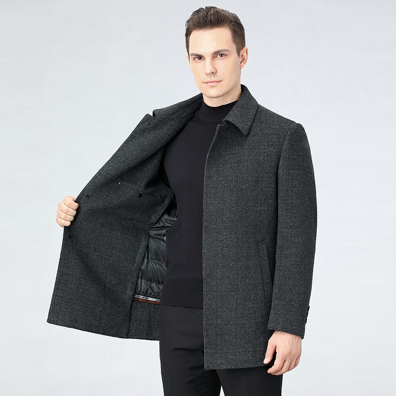 鹅绒毛呢大衣男中长款冬季加厚羽绒双面羊绒大衣男羊毛呢翻领外套