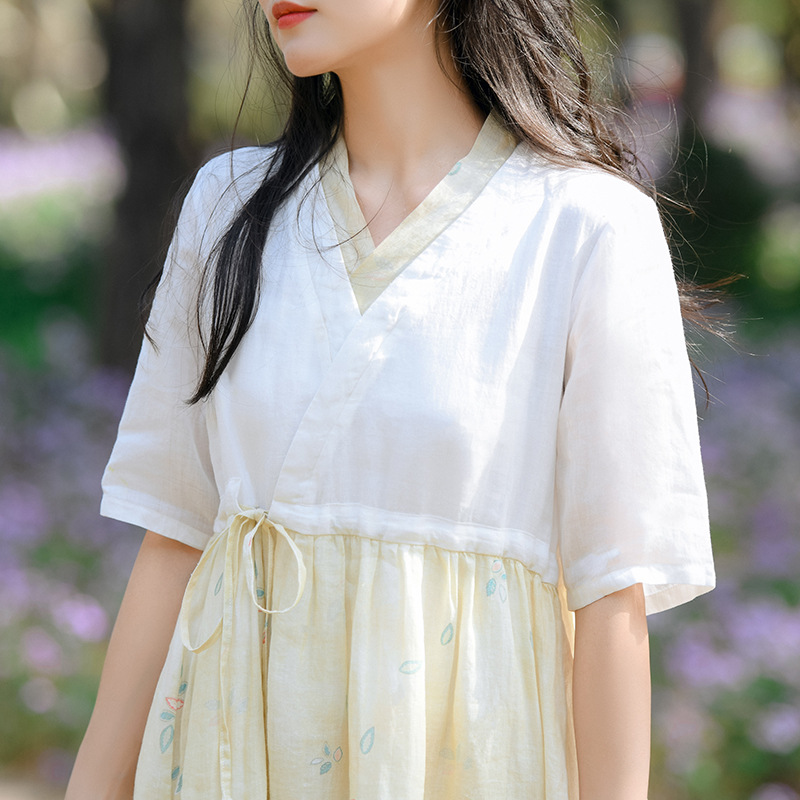 Cotton and Linen Women's Clothing 2022 New Short-Sleeved Dress Summer Tight Waist Retro Han Chinese Clothing Temperament Ramie Skirt Wholesale