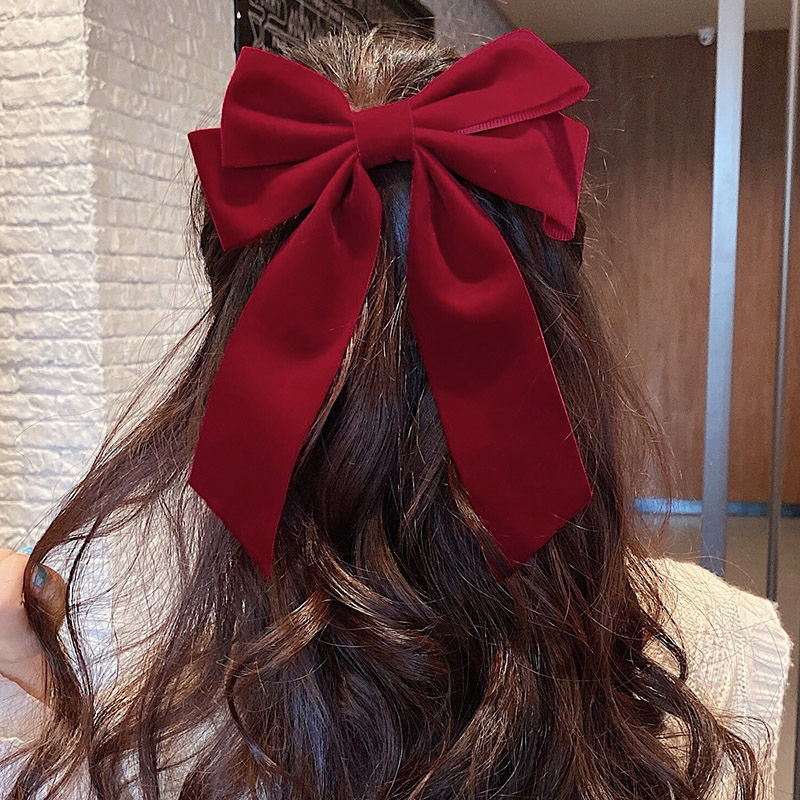 Dragon Year New Wine Red Velvet Big Bow Hairpin Back Head Half Hair Accessories Hairpin Duckbill Clip Side Clip