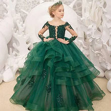 新款跨境欧美儿童婚纱礼服女童长袖蕾丝表演生日蓬蓬公主蛋糕长裙