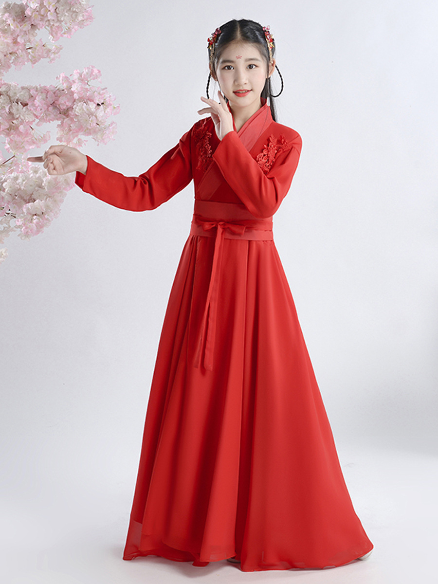 古装儿童仙女红昭愿大红色古风女侠古筝中国舞演出服时尚女童汉服
