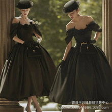 新款影楼主题服装复古赫本风法式摄影写真黑色婚纱拍照蓬蓬裙礼服