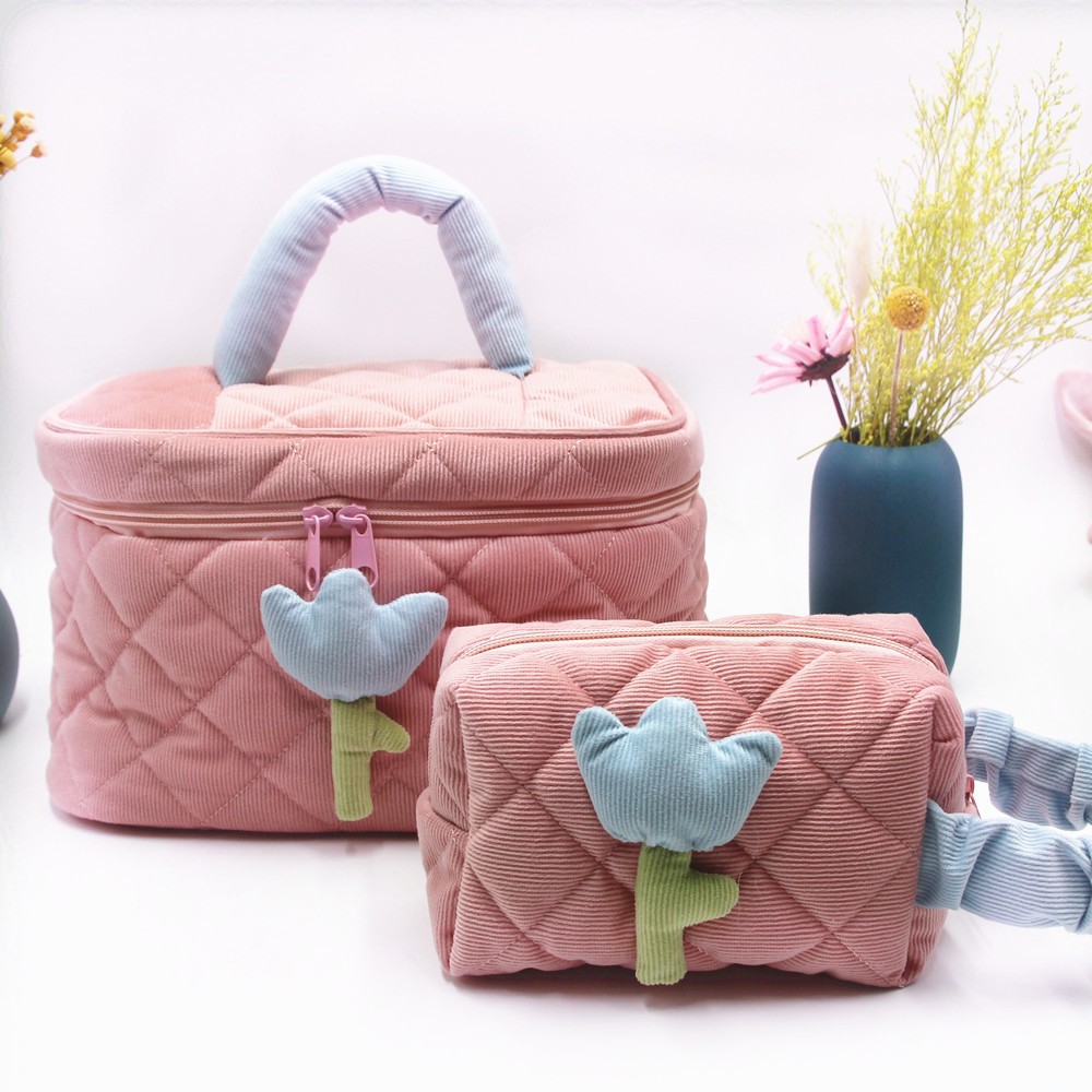 New Corduroy Cosmetic Bag Large Capacity Ins Good-looking Multi-Function Wash Bag Tulip Flower Storage Bag