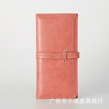 韩版真皮时尚女士淡粉色钱包高质感多卡位RFID零钱位长款抽带钱包
