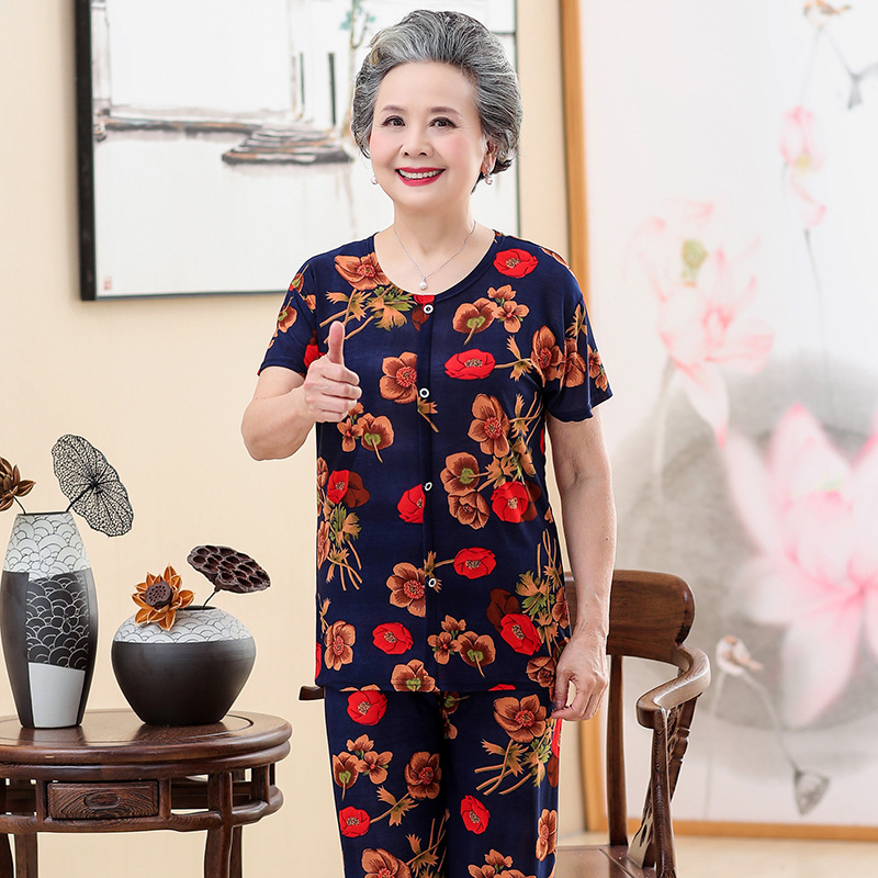 奶奶装夏装套装老人衣服60-70岁中老年人女装妈妈短袖两件套上衣