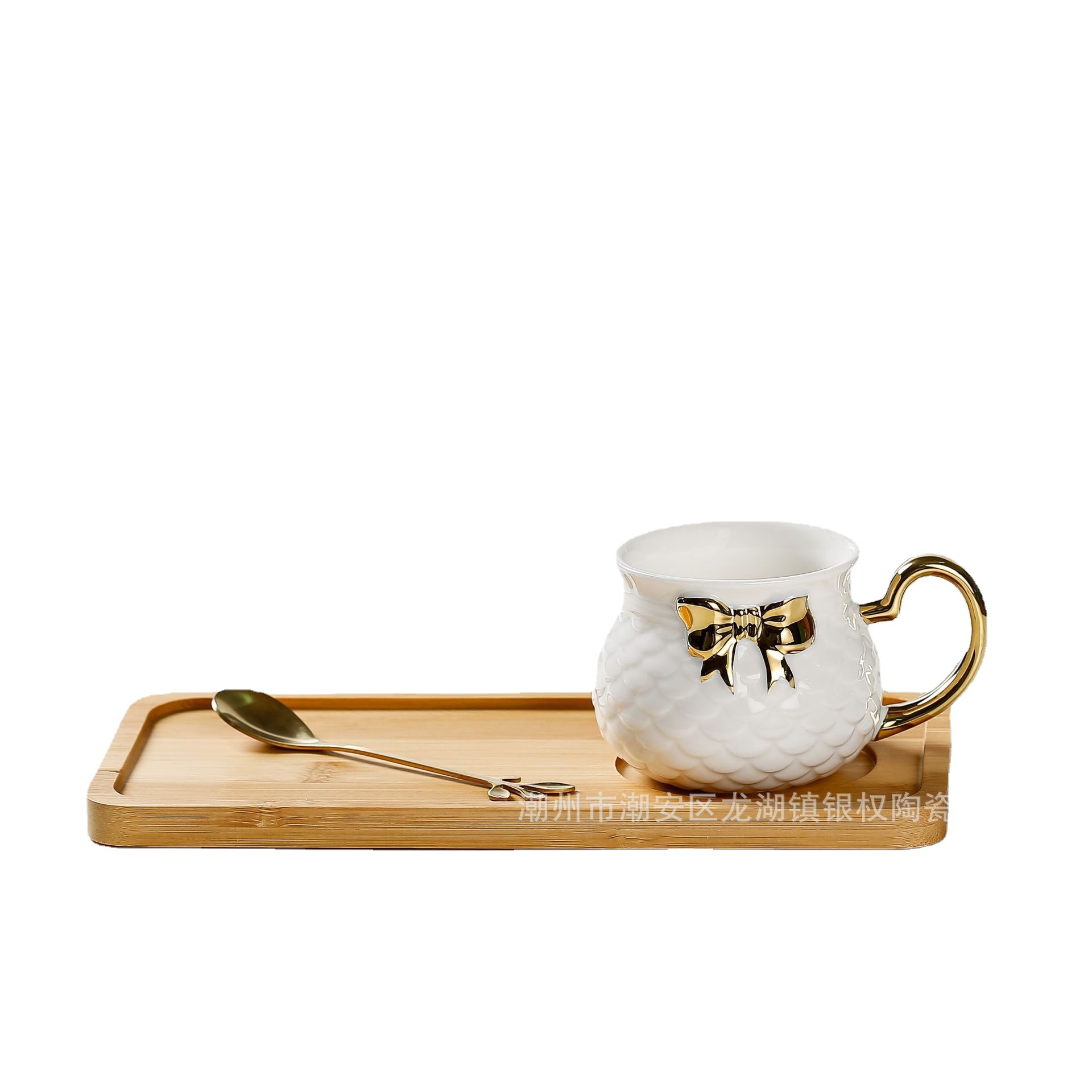 New Ceramic Cup Dish Gold Handle Coffee Set Set Lucky Bag Mug Golden Edge Tray with Spoon Business Jewelry Gift