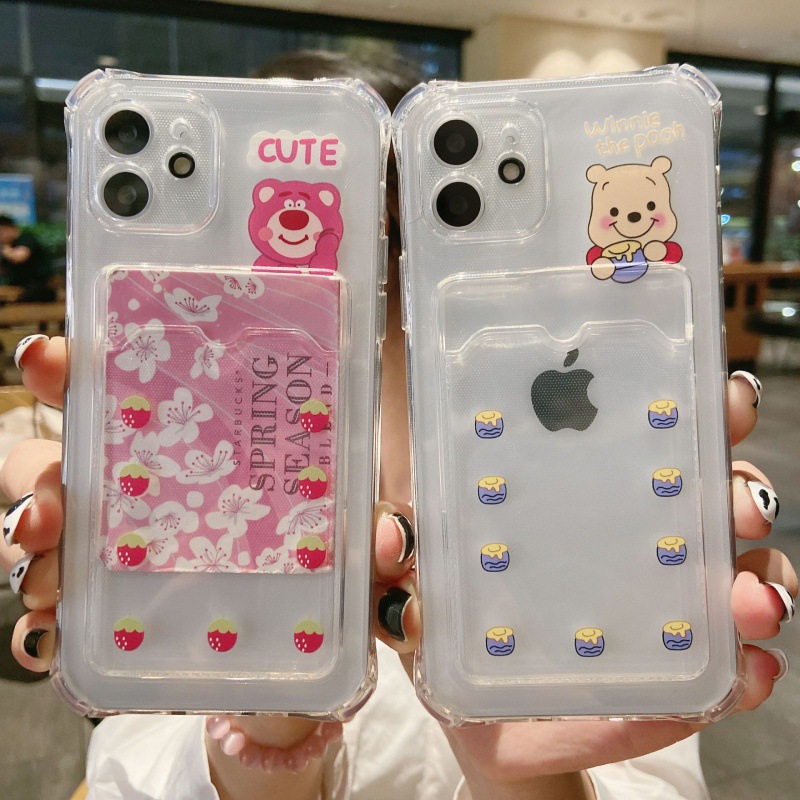 卡通草莓熊防摔适用苹果14手机壳iphone11/12透明xsmax卡包软胶13