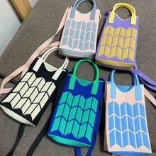 新款韩版时尚撞色设计麦穗手机包针织包包手拎斜挎单肩包水壶袋