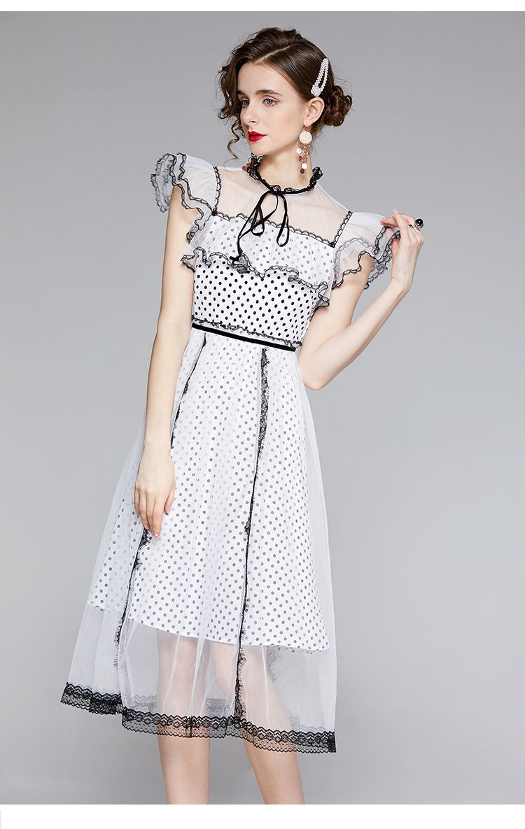 系带荷叶边网纱拼接波点连衣裙女2021年夏季新款名媛气质中长裙