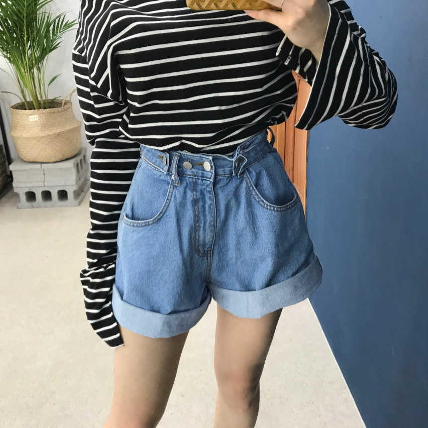 韩版夏季百搭可调节高腰设计宽大卷裤腿阔腿牛仔裤