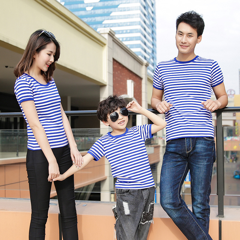 夏季亲子装海魂衫 蓝白条纹海军风母子母女短袖潮t一家三口四口