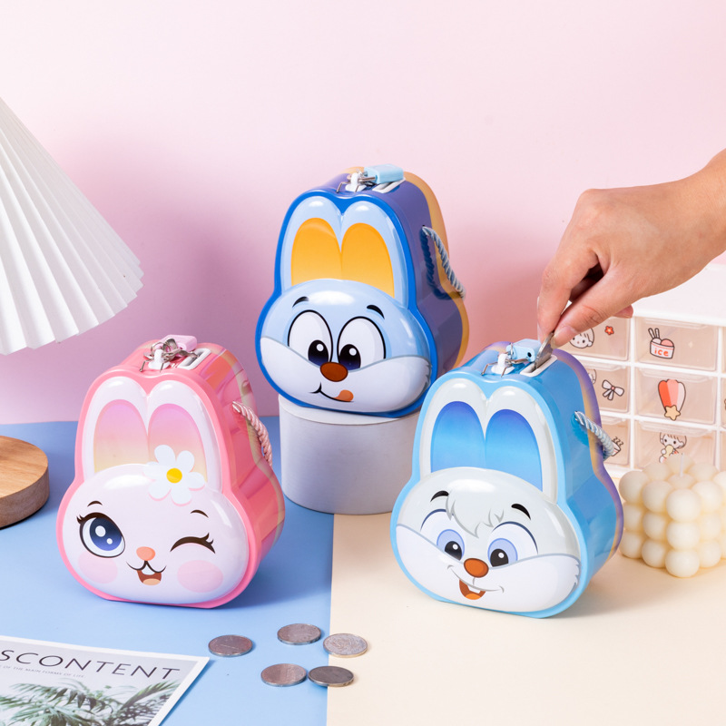 2023 New Rabbit Wedding Candies Box Children Saving Pot Iron with Lock Money Box Iron Box Gift for Boys and Girls