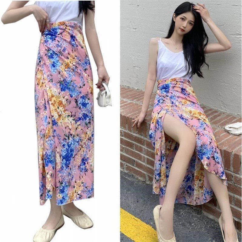 包臀裙女夏季碎花半身裙中长款一片式系带高腰显瘦防晒印花裹裙子