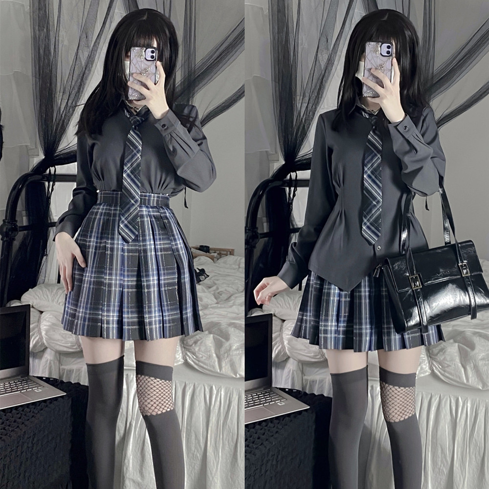 现货批发 学院风jk制服套装女美式辣妹灰色白色收腰衬衫格裙日系