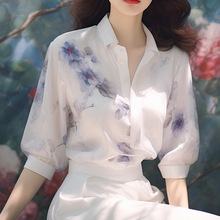新中式女装中国风蓝色印花短袖衬衫2024新款雪纺衫气质女神范上衣