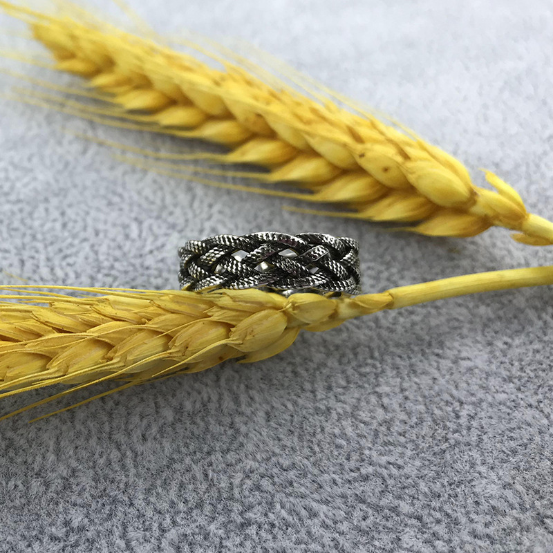 宽面线条编织戒指不掉色泰银复古银戒指 欧美925纯银麻花简约指环