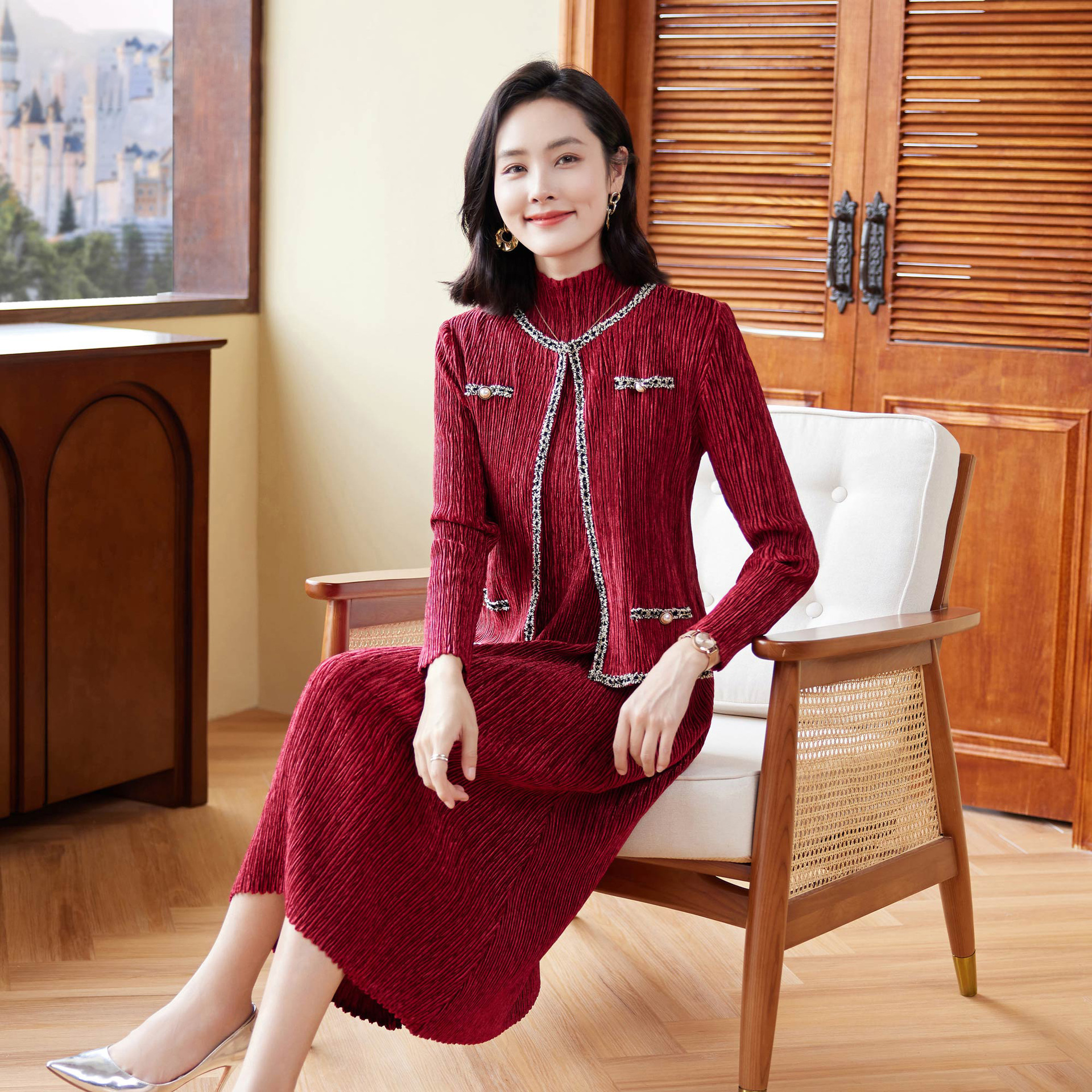 中年女装红色连衣裙秋冬新款两件套丝绒长裙妈妈喜服婚宴大码女装