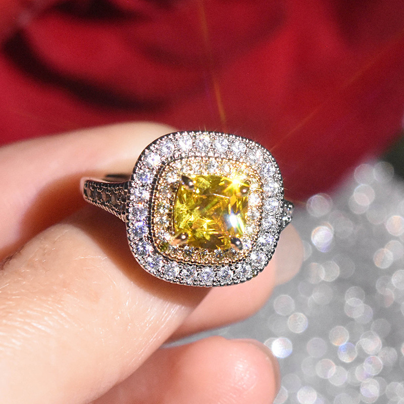 直播pt950镀铂金仿莫桑钻方形群镶戒指 仿真黄钻公主钻戒女戒阿里巴巴