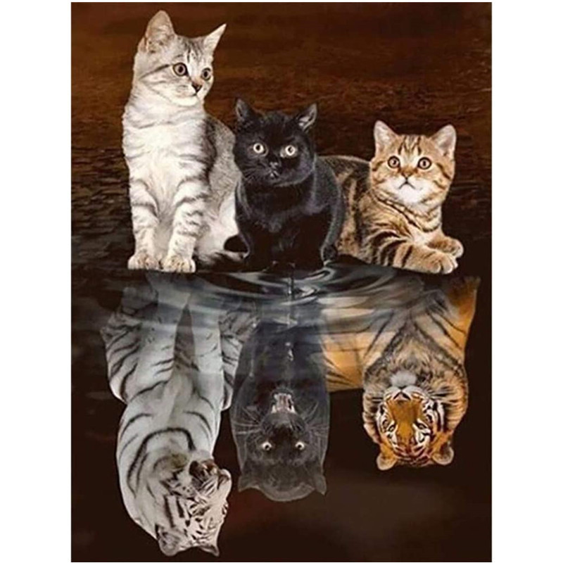 老虎猫咪倒影 diy 钻石画5d满钻贴钻客厅装饰画 跨境货源厂家批发