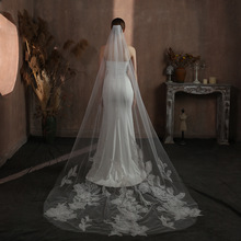 V337高级感超仙刺绣花朵白色单层长款3米拖尾婚礼旅拍新娘大头纱