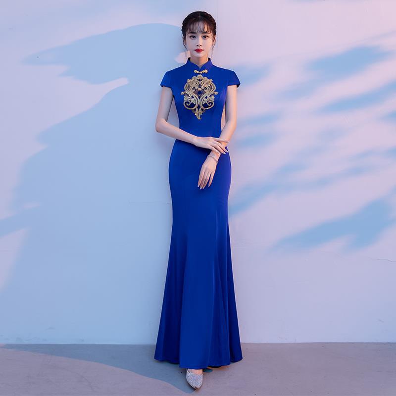 走秀旗袍演出服女古典复古修身古筝礼服裙礼仪迎宾蓝色中国风鱼尾