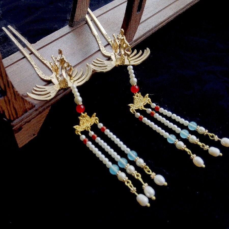 古风珍珠发簪汉服发钗明制唐风流苏宫廷金色偏凤簪凤钗礼品步摇