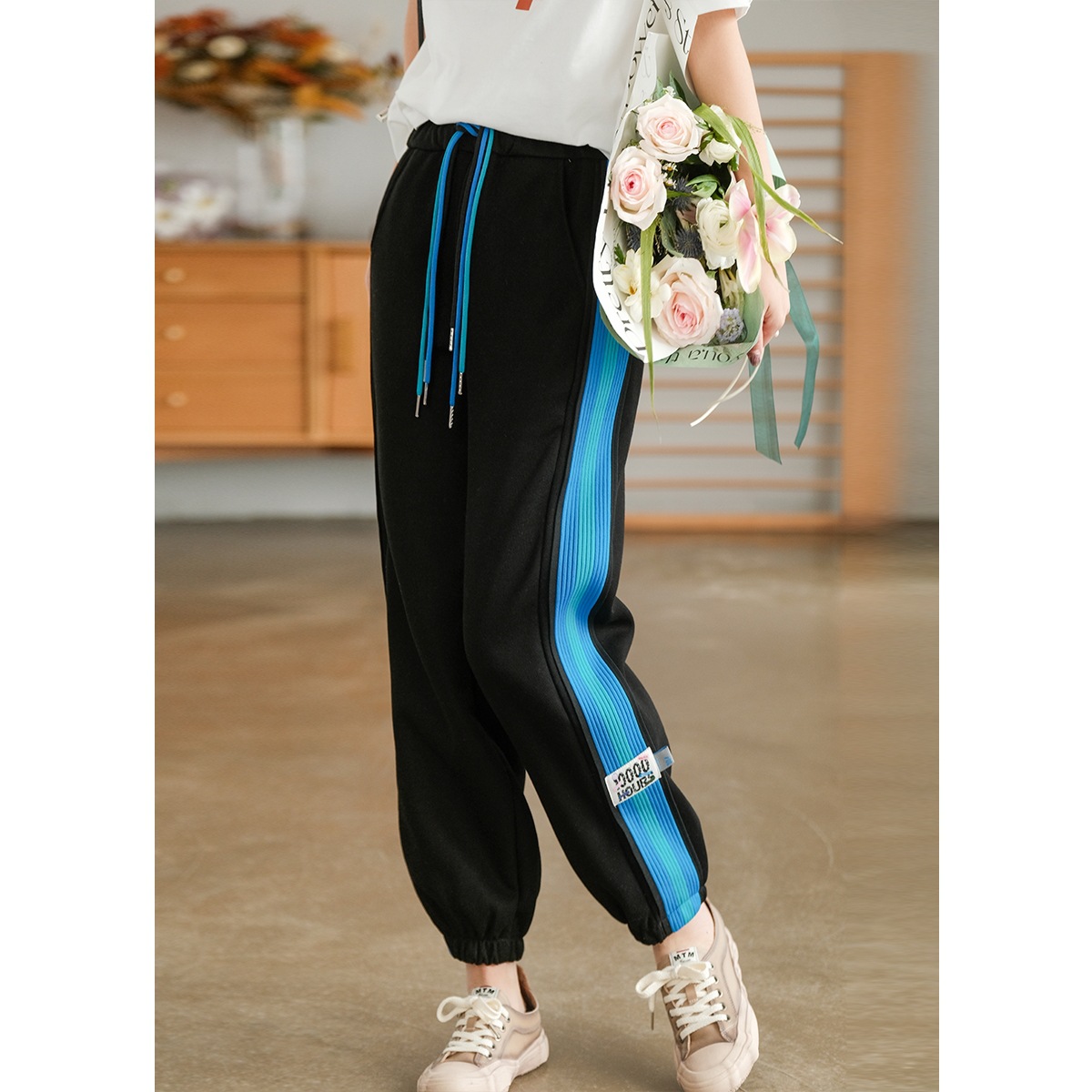 休闲卫裤女春夏2022新款拼接彩色织带侧条纹宽松束脚哈伦运动裤子