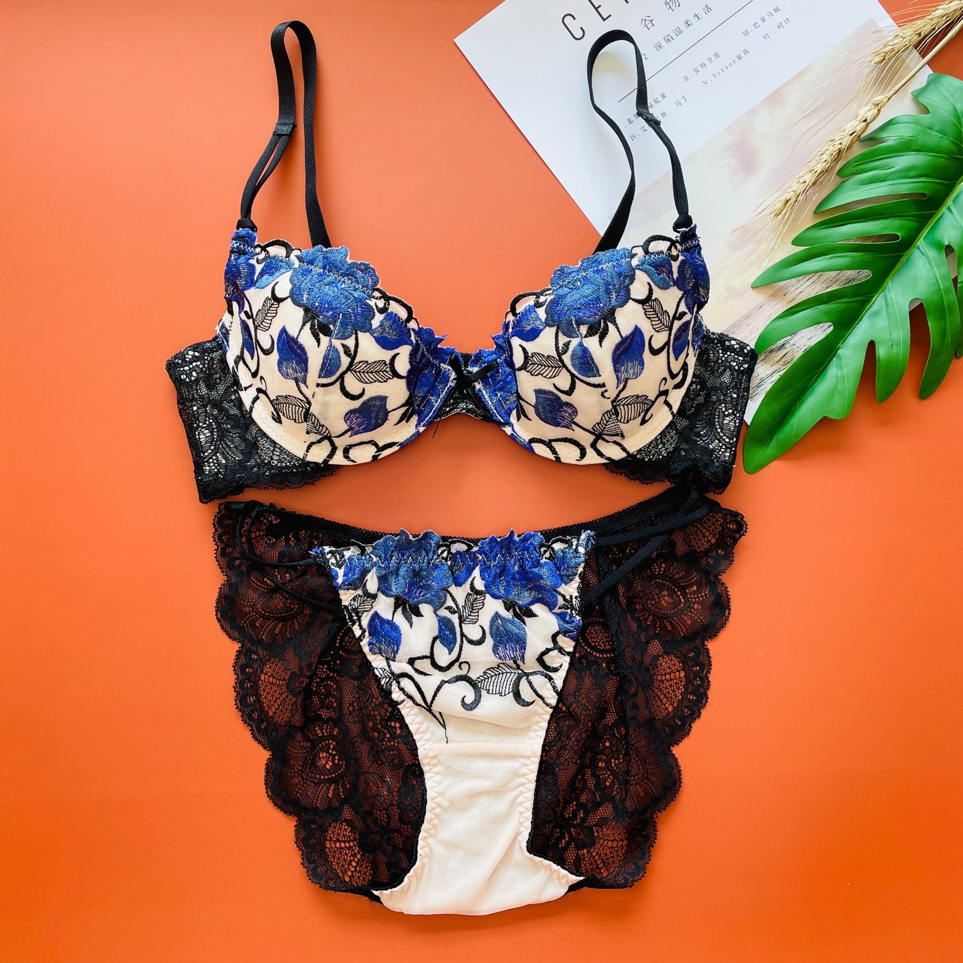 现货尺码全刺绣花边网眼透气文胸性感透气女士三角裤t裤内衣套装