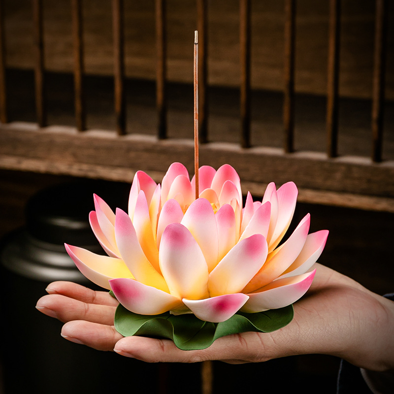 莲花香插陶瓷香炉线香底座跨境陶瓷莲花香插摆件香托荷花瓣香薰
