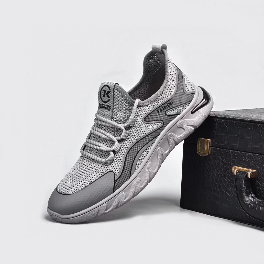 夏季男纯色现货sgs注塑鞋日常网布灰色圆头低帮男鞋飞织鞋面工厂