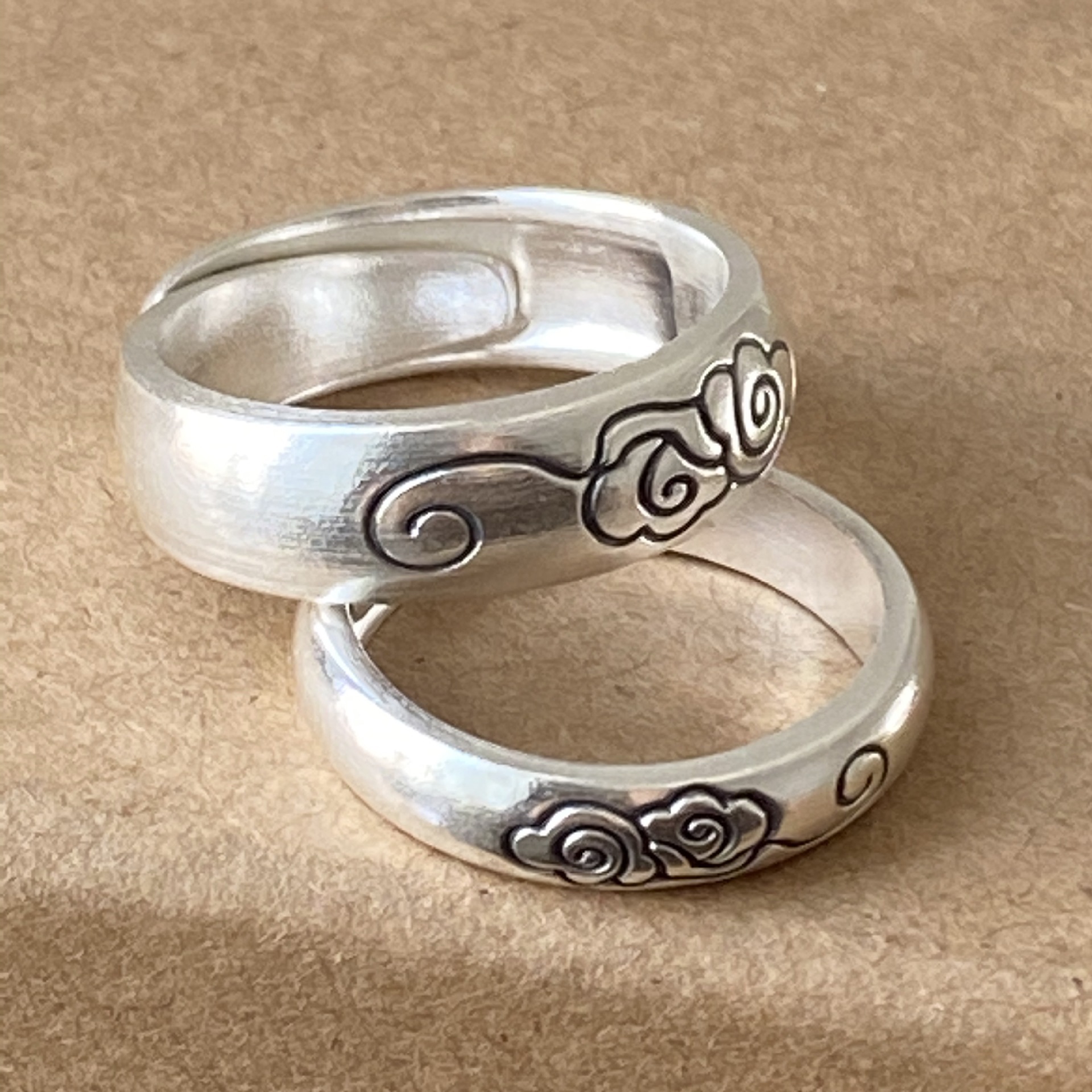 s999纯银古法戒指女复古情侣戒指环祥云男女对戒活口可调节戒指环